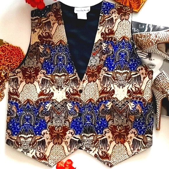 "WESTERN TRIBAL" Vintage "ART to WEAR" Ethnic Beaded Graphics Snap Buttons Vest - Picture 3 of 13